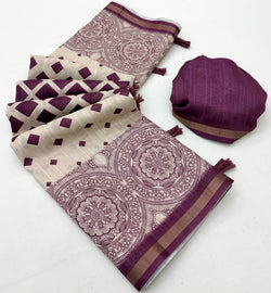 Demure Wine Printed Cotton Silk Saree With Conflate Blouse Piece
