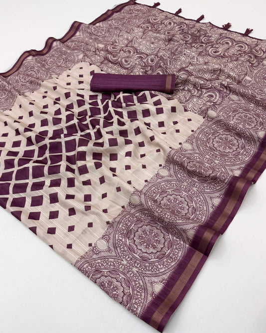 Demure Wine Printed Cotton Silk Saree With Conflate Blouse Piece