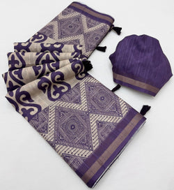 Traditional Purple Printed Cotton Silk Saree With Profuse Blouse Piece