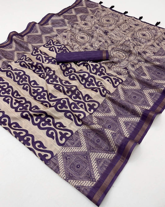 Traditional Purple Printed Cotton Silk Saree With Profuse Blouse Piece