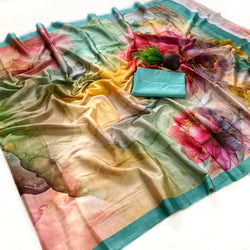 Exemplary Multicolor Digital Printed Satin Silk Saree With Efflorescence Blouse Piece