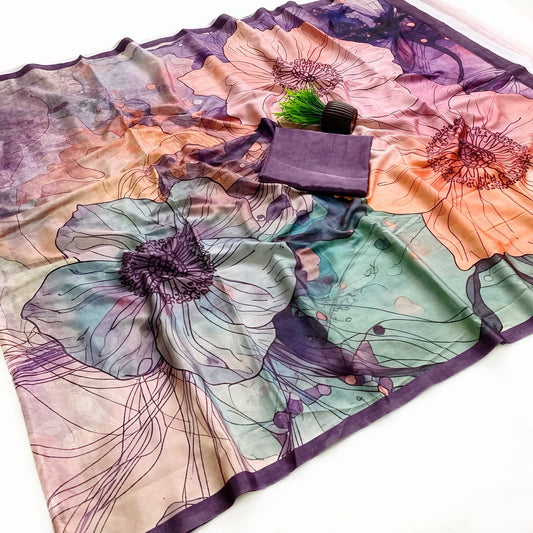 Intricate Multicolor Digital Printed Satin Silk Saree With Staggering Blouse Piece
