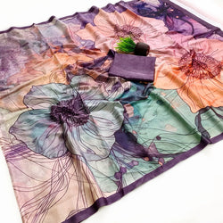 Intricate Multicolor Digital Printed Satin Silk Saree With Staggering Blouse Piece