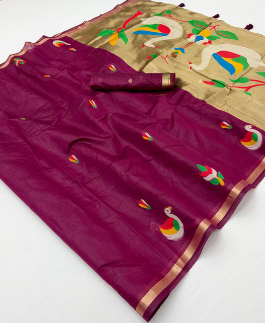 Lovely Wine Pure Munga Cotton Silk Saree With Breathtaking Blouse Piece