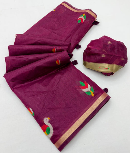 Lovely Wine Pure Munga Cotton Silk Saree With Breathtaking Blouse Piece