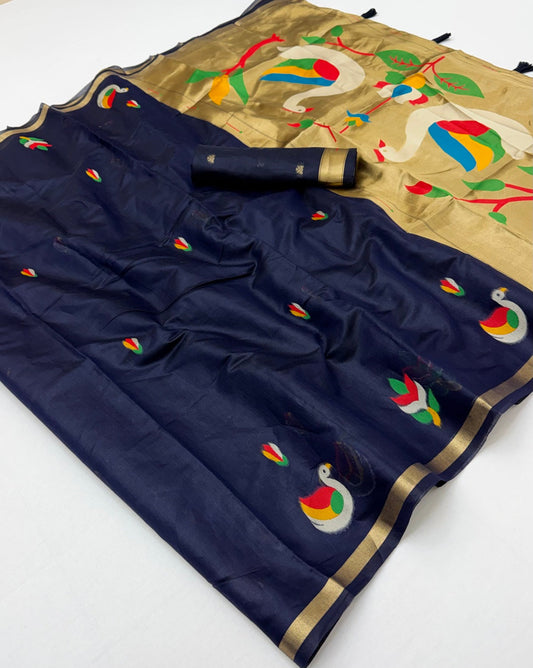 Panoply Navy Blue Pure Munga Cotton Silk Saree With Splendiferous Blouse Piece