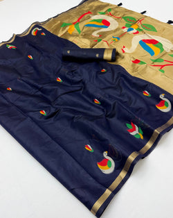 Panoply Navy Blue Pure Munga Cotton Silk Saree With Splendiferous Blouse Piece