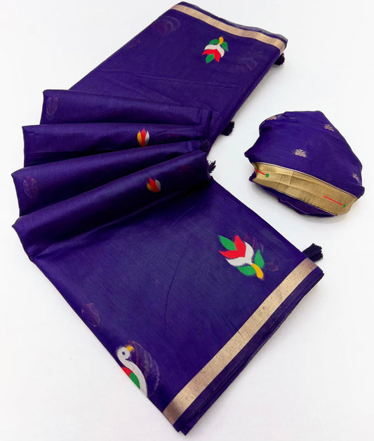 Jubilant Royal Blue Pure Munga Cotton Silk Saree With Ephemeral Blouse Piece