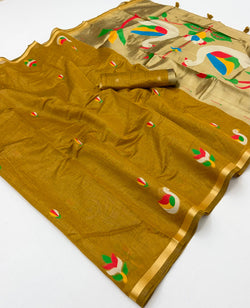 Verdant Mustard Pure Munga Cotton Silk Saree With Jazzy Blouse Piece