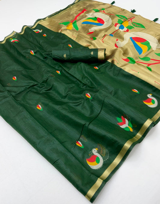 Delightful Dark Green Pure Munga Cotton Silk Saree With Surpassing Blouse Piece