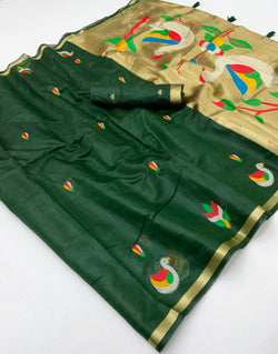Delightful Dark Green Pure Munga Cotton Silk Saree With Surpassing Blouse Piece