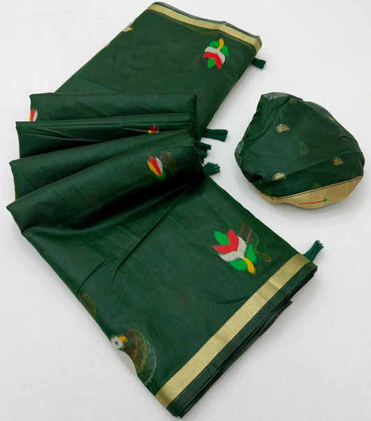 Delightful Dark Green Pure Munga Cotton Silk Saree With Surpassing Blouse Piece