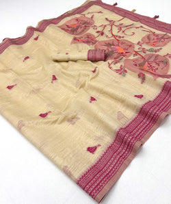 Fairytale Beige Pure Munga Cotton Silk Saree With Delectable Blouse Piece