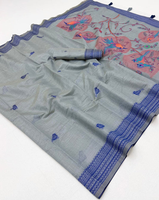 Wonderful Grey Pure Munga Cotton Silk Saree With Stunner Blouse Piece