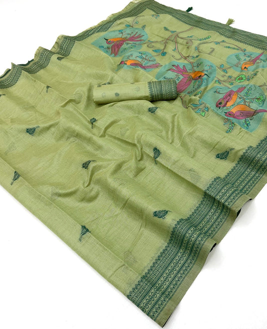 Demanding Green Pure Munga Cotton Silk Saree With Nebula Blouse Piece