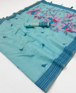 Super classy Sky Pure Munga Cotton Silk Saree With Brood Blouse Piece