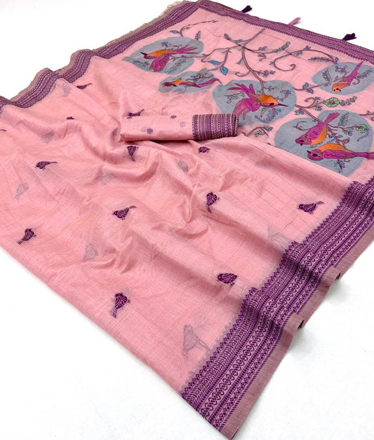 Efflorescence Pink Pure Munga Cotton Silk Saree With Trendy Blouse Piece