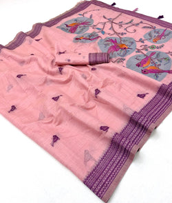 Efflorescence Pink Pure Munga Cotton Silk Saree With Trendy Blouse Piece