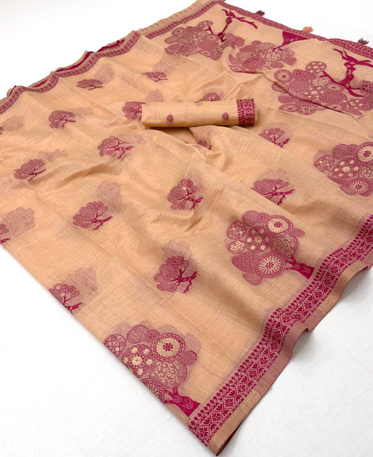 Moiety Peach Pure Munga Cotton Silk Saree With Adorable Blouse Piece