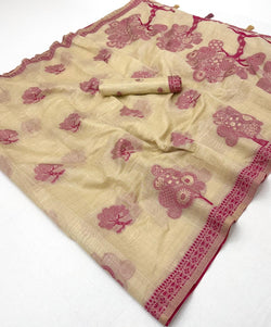 Flaunt Beige Pure Munga Cotton Silk Saree With Woebegone Blouse Piece