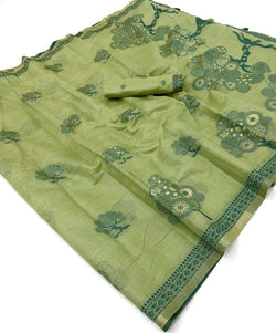 Cynosure Green Pure Munga Cotton Silk Saree With Gratifying Blouse Piece