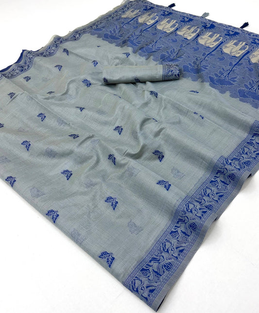 Panache Grey Pure Munga Cotton Silk Saree With Tremendous Blouse Piece