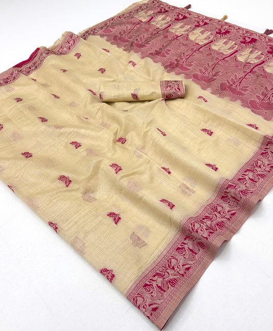 Petrichor Beige Pure Munga Cotton Silk Saree With Beguiling Blouse Piece