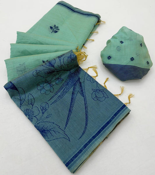 Marvellous Turquoise Pure Munga Cotton Silk Saree With Enticing Blouse Piece
