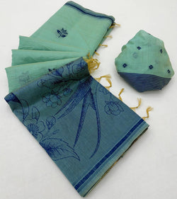 Marvellous Turquoise Pure Munga Cotton Silk Saree With Enticing Blouse Piece