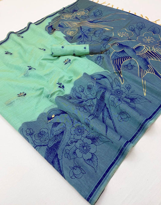 Marvellous Turquoise Pure Munga Cotton Silk Saree With Enticing Blouse Piece