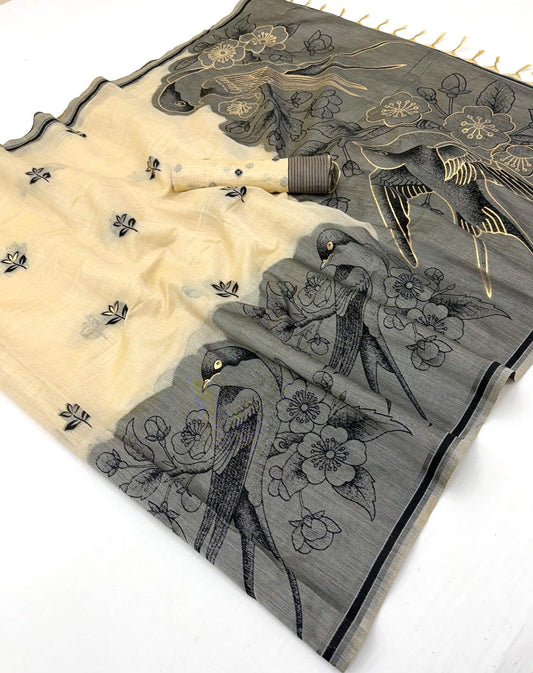 Luxuriant Beige Pure Munga Cotton Silk Saree With Surpassing Blouse Piece