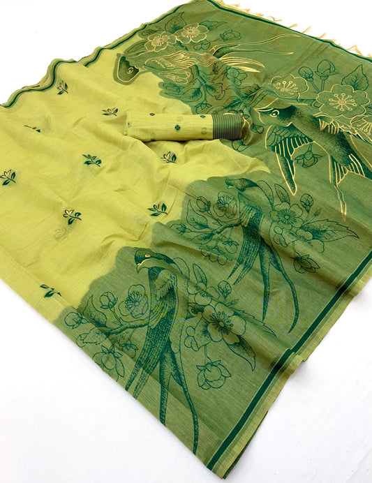 Stunning Green Pure Munga Cotton Silk Saree With Surreptitious Blouse Piece