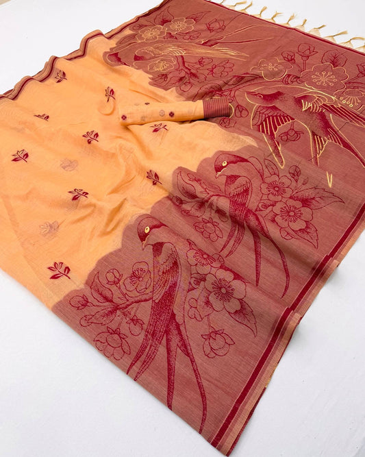 Gossamer Peach Pure Munga Cotton Silk Saree With Desuetude Blouse Piece