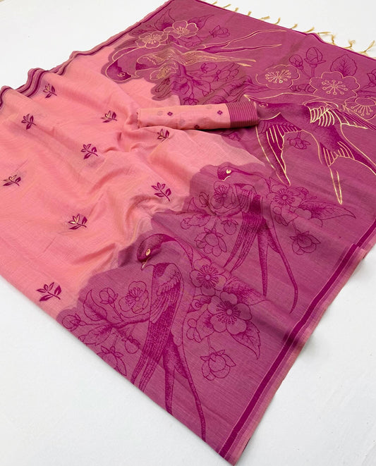 Comely Pink Pure Munga Cotton Silk Saree With Vestigial Blouse Piece