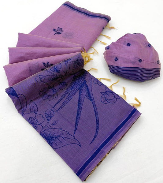 Sumptuous Lavender Pure Munga Cotton Silk Saree With Gorgeous Blouse Piece