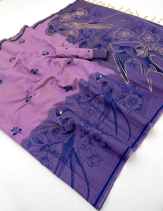 Sumptuous Lavender Pure Munga Cotton Silk Saree With Gorgeous Blouse Piece