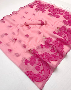Amazing Pink Jamdani Cotton Silk Saree With Staring Blouse Piece