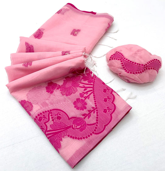 Amazing Pink Jamdani Cotton Silk Saree With Staring Blouse Piece