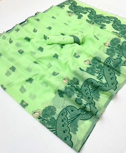 Eloquence Pista Jamdani Cotton Silk Saree With Twirling Blouse Piece