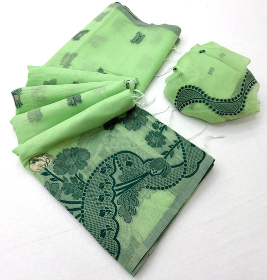 Eloquence Pista Jamdani Cotton Silk Saree With Twirling Blouse Piece