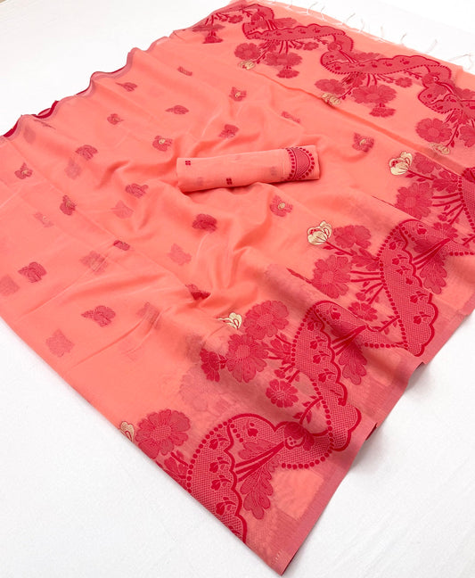 Fantabulous Peach Jamdani Cotton Silk Saree With Sophisticated Blouse Piece
