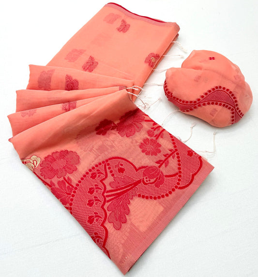 Fantabulous Peach Jamdani Cotton Silk Saree With Sophisticated Blouse Piece