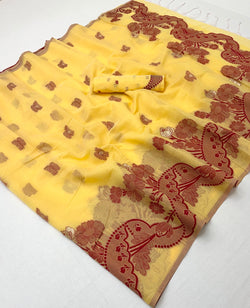 Desultory Yellow Jamdani Cotton Silk Saree With Appealing Blouse Piece