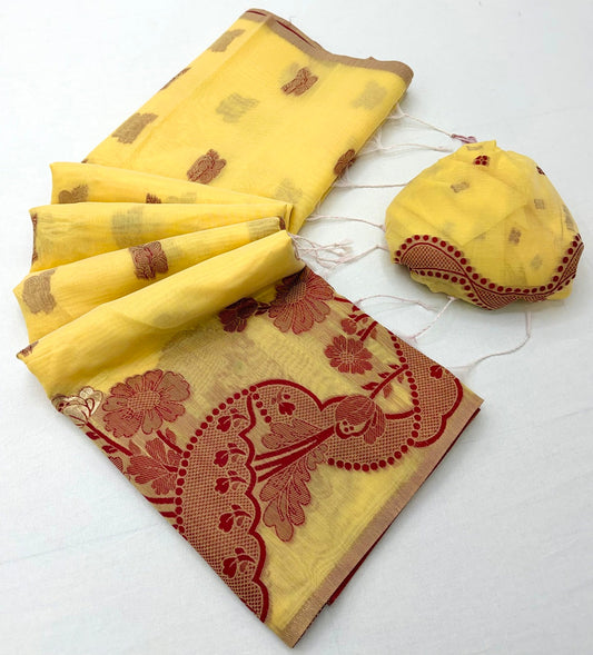Desultory Yellow Jamdani Cotton Silk Saree With Appealing Blouse Piece
