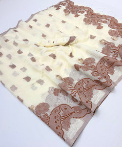 Vibrant Off White Jamdani Cotton Silk Saree With Brood Blouse Piece