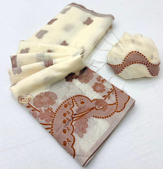 Vibrant Off White Jamdani Cotton Silk Saree With Brood Blouse Piece