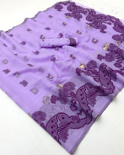 Artistic Lavender Jamdani Cotton Silk Saree With Proficient Blouse Piece
