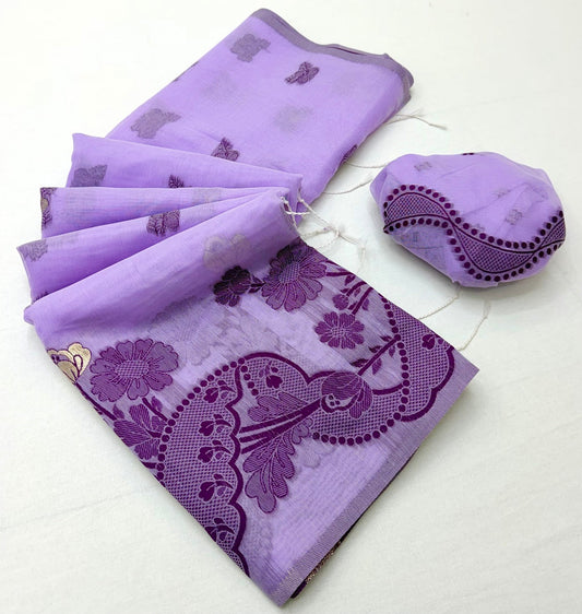 Artistic Lavender Jamdani Cotton Silk Saree With Proficient Blouse Piece