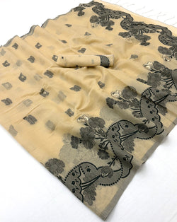 Blissful Beige Jamdani Cotton Silk Saree With Lustrous Blouse Piece