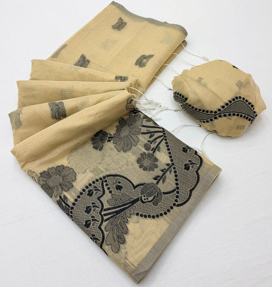 Blissful Beige Jamdani Cotton Silk Saree With Lustrous Blouse Piece